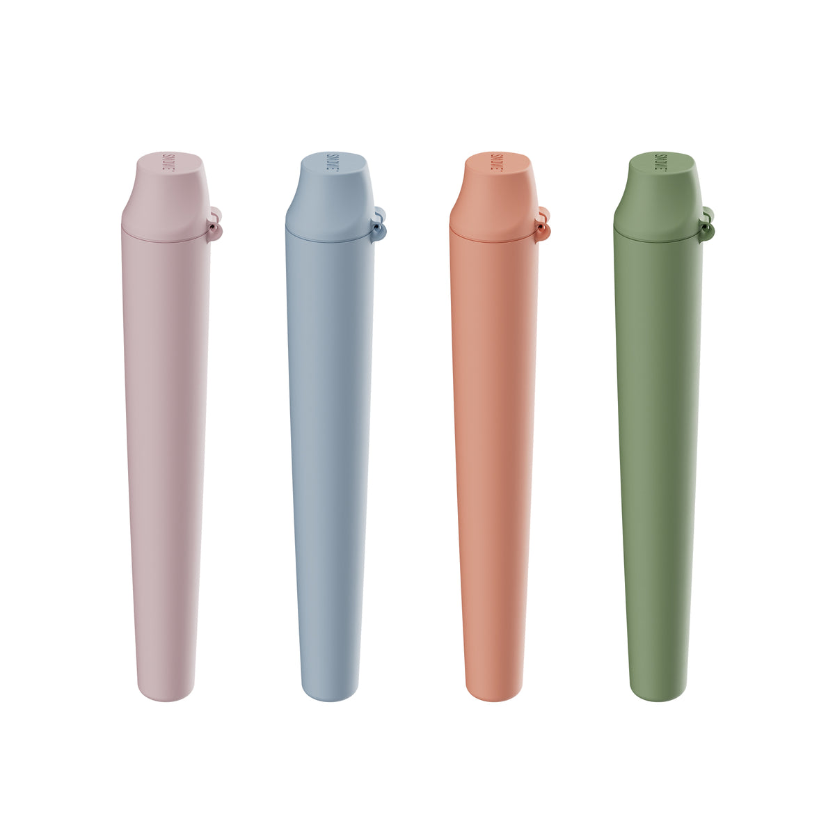 Vier geschlossene SMOWE GREENCONE Joint Tubes aus dem Spring Bundle in den Pastelltönen Rosa, Hellblau, Peach und Grün auf weißem Hintergrund.