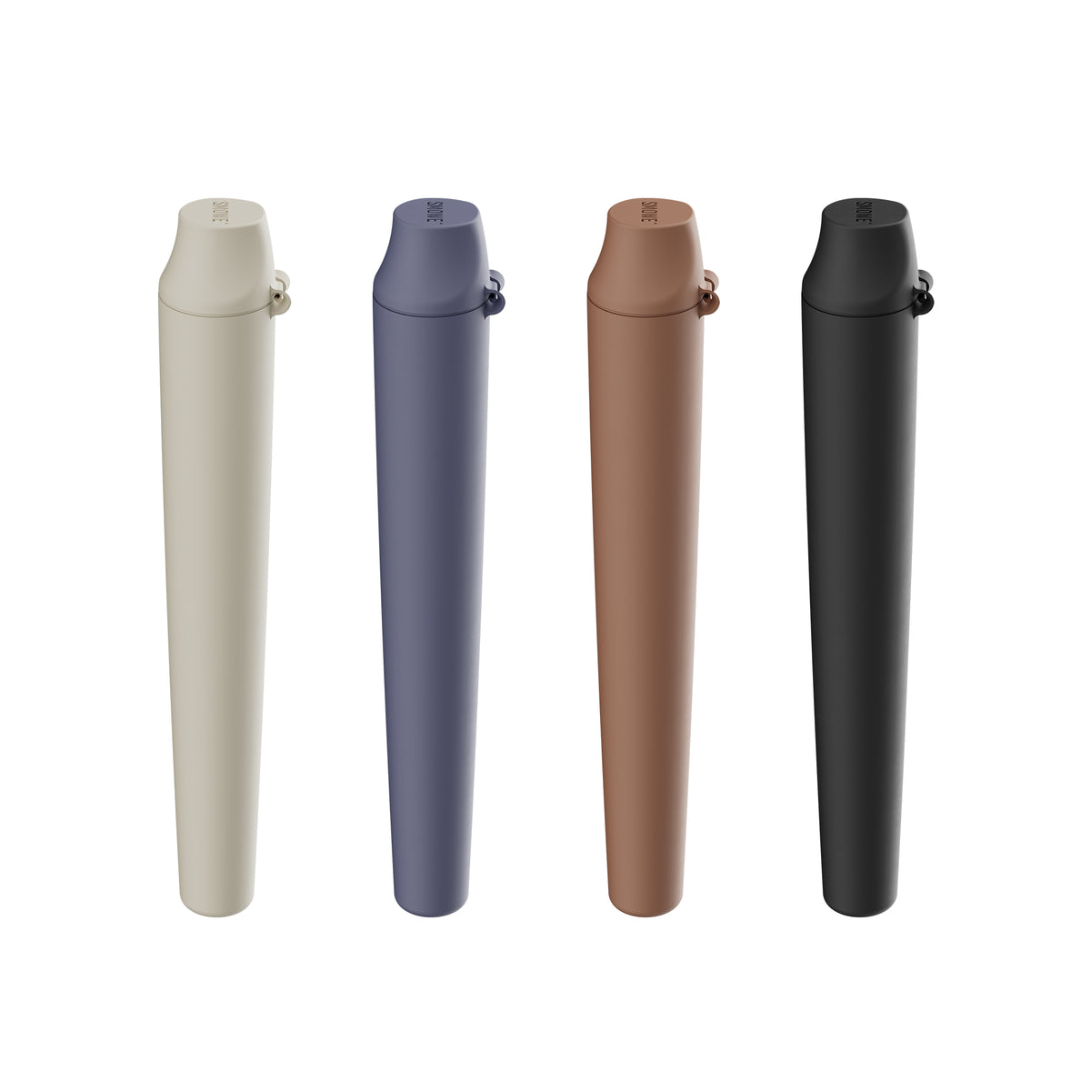 Vier geschlossene SMOWE GREENCONE Joint Tubes aus dem Earth Bundle in den Erdtönen Beige, Blau, Braun und Schwarz auf weißem Hintergrund.