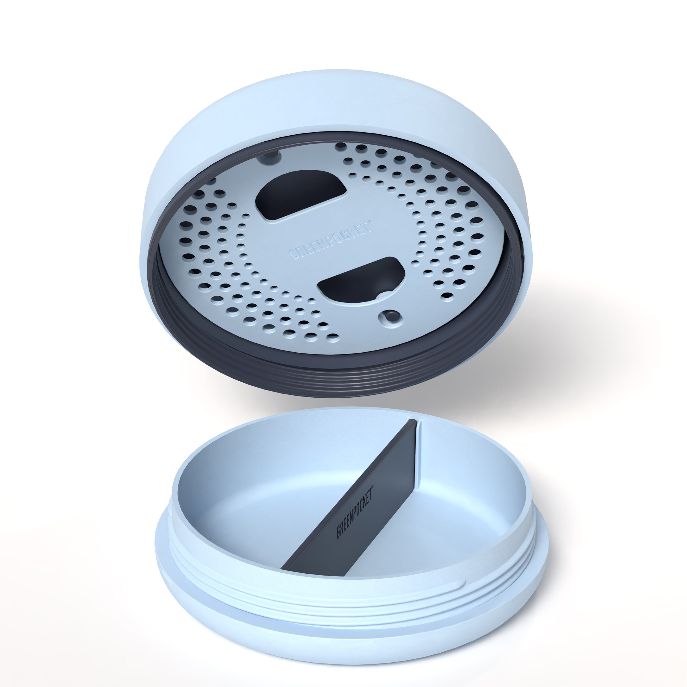 SMOWE Greenpocket in Blau (Lagoon) geöffnet. Geruchsdichter und kindersicherer Weed Humidor für die Hosentasche.