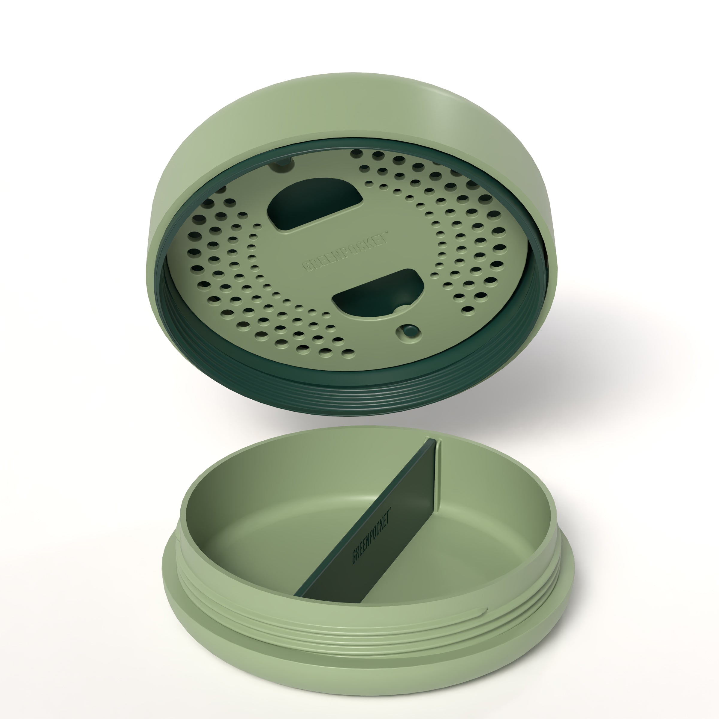 Geöffneter SMOWE Greenpocket Cannabis Humidor in der Farbe Jungle Grün. Geruchsdichte Aufbewahrung mit Innenaufteilung.