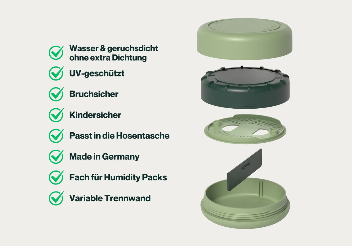 Infografik der SMOWE GREENPOCKET Cannabis Humidor Box mit Eigenschaften wie geruchsdicht, kindersicher und Made in Germany.