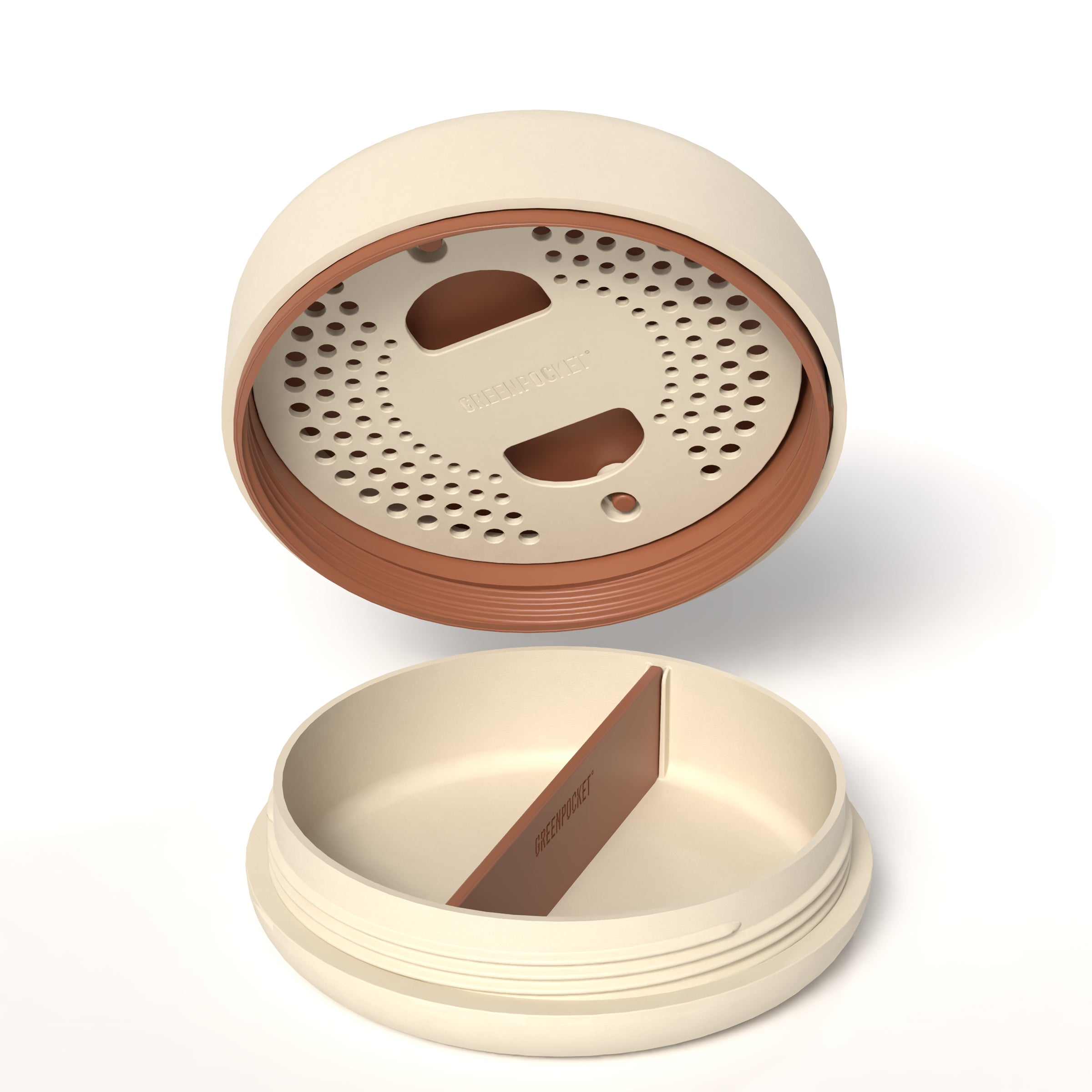 Offenes SMOWE Greenpocket Stash Jar in Beige (Hazel). Kompakte Weed Aufbewahrung mit Fach für Integra Humidity Pack.