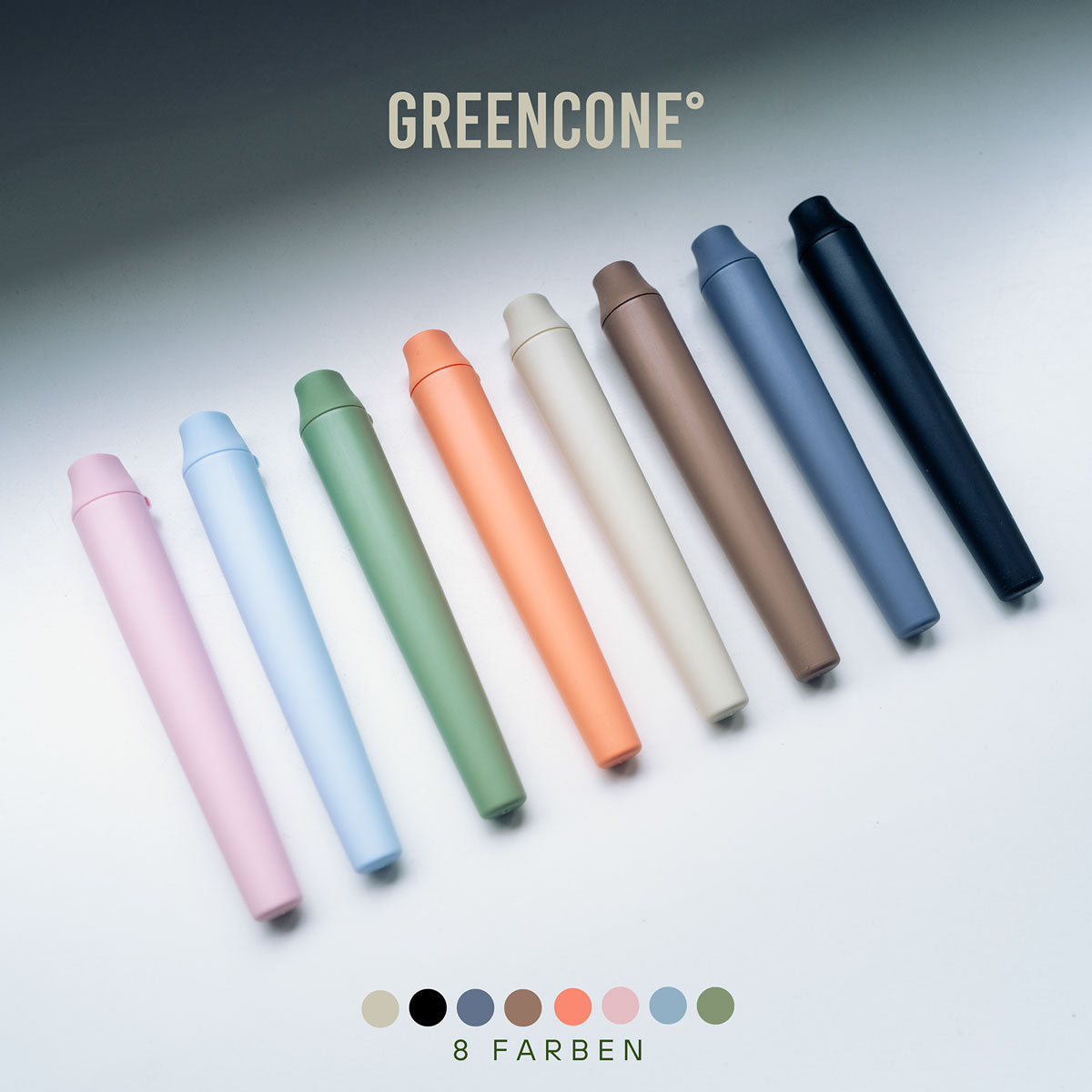 Nebeneinander angeordnete SMOWE GREENCONE Joint Tubes in allen 8 verfügbaren Farbvarianten auf hellem Hintergrund.