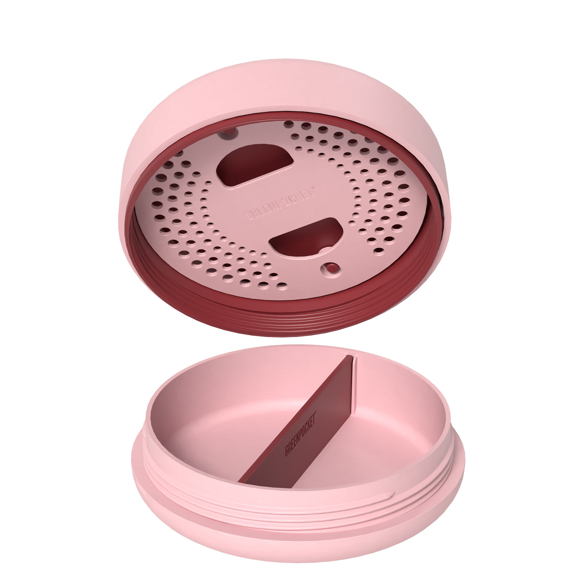 Geöffneter SMOWE GREENPOCKET Cannabis Humidor in Berry mit Befeuchtungsfach im Deckel und roter Trennwand auf weißem Hintergrund.