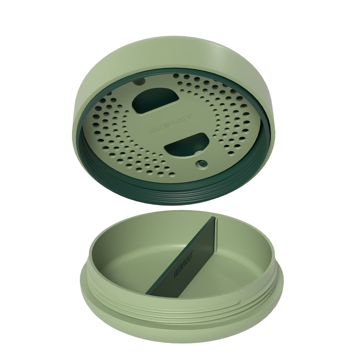 Geöffneter SMOWE GREENPOCKET Cannabis Humidor in Grün mit Befeuchtungsfach im Deckel und schwarzer Trennwand auf weißem Hintergrund.
