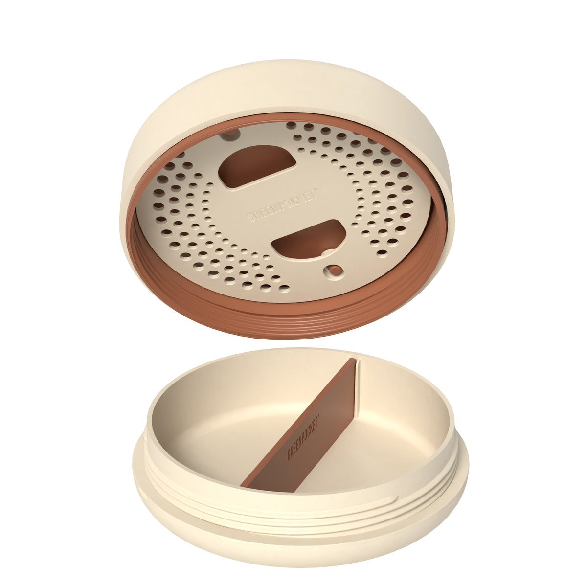 Geöffneter SMOWE GREENPOCKET Cannabis Humidor in Hazel mit Befeuchtungsfach im Deckel und brauner Trennwand auf weißem Hintergrund.